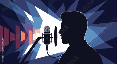 Silhouette of man speaking into a professional studio microphone