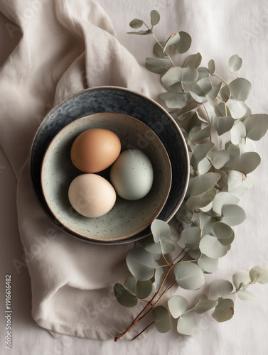 Modern easter flat lay with pastel eggs and eucalyptus
