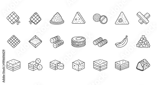 Indonesian Traditional Food and Ramadan Iftar Snacks Line Art Icon Set – Ketupat, Lemper, Lapis Cake, and Jajanan Pasar Vector Collection