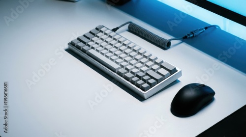 Modern Office Setup with Mechanical Keyboard and Gaming Mouse on Sleek Surface