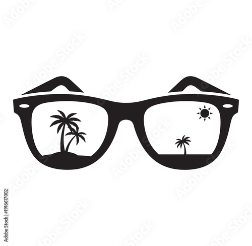 Black sunglasses with island and palm trees reflected in lenses