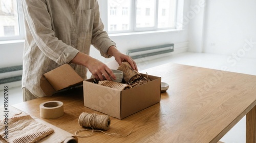 Person arranging eco-friendly packaging materials in a cardboard box on a wooden table in a bright workspace