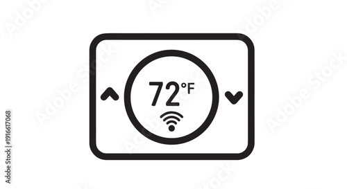 Simple icon illustrating a smart thermostat set precisely to seventy two degrees fahrenheit with wifi connectivity