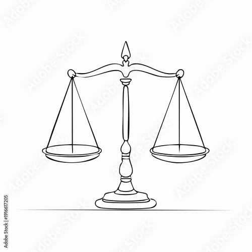 Continuous line vector of ancient scales, scales of justice, law on transparent background. editable stroke.