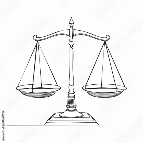 Continuous line vector of ancient scales, scales of justice, law on transparent background. editable stroke.