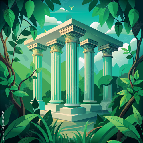 Ancient stone pillars ruins covered with green vines in a lush forest