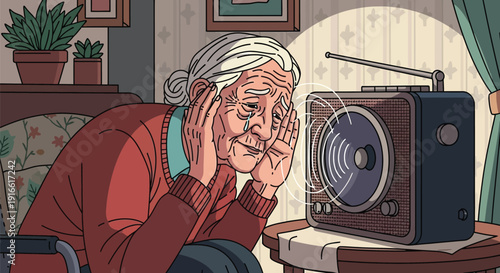 Elderly woman crying while listening to a vintage radio at home