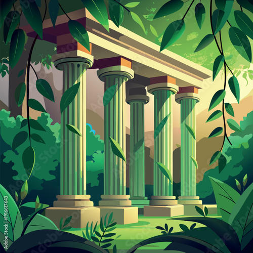Ancient stone pillars ruins covered with green vines in a lush forest