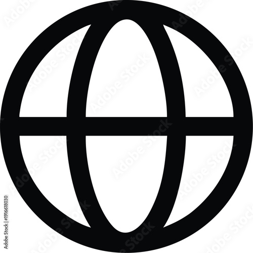 A stylized representation of a globe with a black and white color scheme