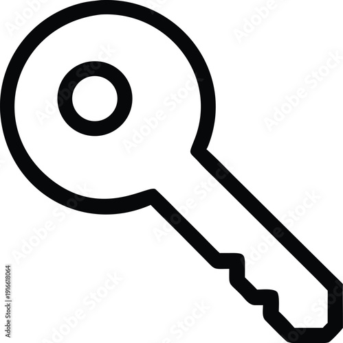 A black and white illustration of a key with a circular top and jagged teeth.