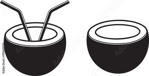 Coconut Drink with Umbrella and Straw Icon Vector silhouette  illustration, Coconut Cocktail outline