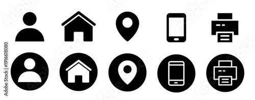 Contact information icons for business card featuring user, home, location, mobile phone, and fax symbols in minimal black flat vector style