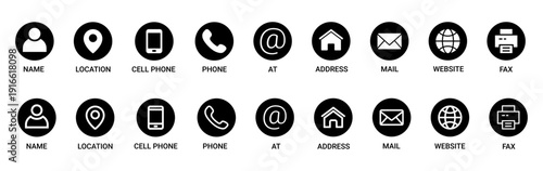 Contact information icons for business card featuring name, location, cell phone, phone, email, address, website, and fax in clean black flat vector style.