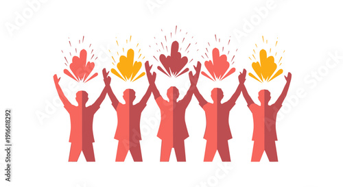 Diverse group of people celebrating with raised arms and colorful abstract shapes in vibrant orange and yellow hues on white background