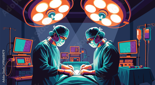 Two surgeons performing operation in modern hospital room