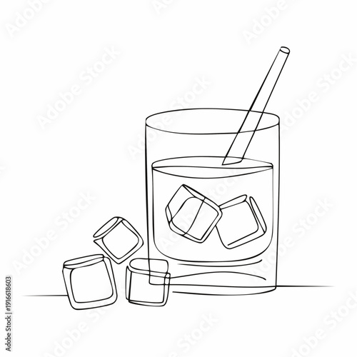 Continuous line, ice cubes and liquor glass, on the rocks Hand drawn vector art lines on transparent background. Editable strokes.