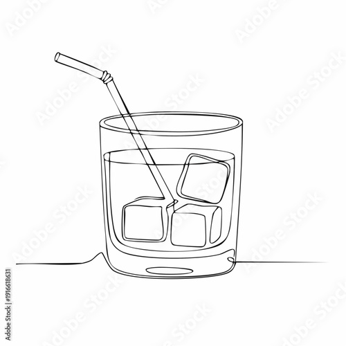 Continuous line, ice cubes and liquor glass, on the rocks Hand drawn vector art lines on transparent background. Editable strokes.
