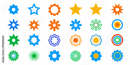 Colorful star and floral shaped icons arranged in a grid pattern