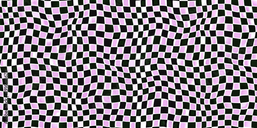 Optical illusion featuring a distorted checkerboard pattern in pink and black