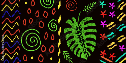 Colorful chalk drawing of tropical plants and abstract shapes on black