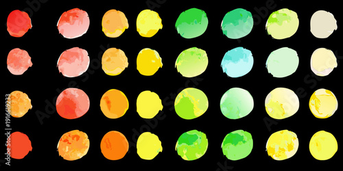 A colorful arrangement of watercolor oval shapes against a black background
