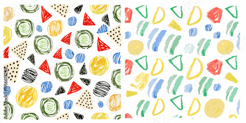 Colorful abstract shapes and doodles on a white background