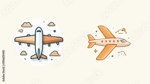 Vector illustrations of two passenger airplanes, one seen from above and the other from the side, flying through clouds. Perfect for travel, aviation, and journey themes