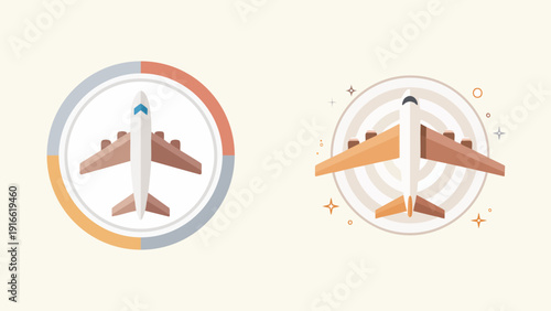 Modern flat design airplane icons set, perfect for aviation, travel, and logistics applications. Stylized top-down view of aircraft symbols representing flight and global transport