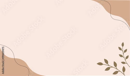 Minimal abstract beige background with soft wavy shapes and simple leaf branch illustration for modern decorative design