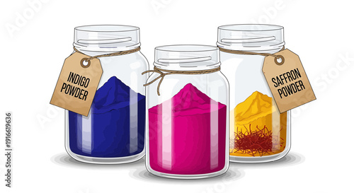 Three glass jars of colorful powder indigo pink and saffron with labels on a white background for art or food use