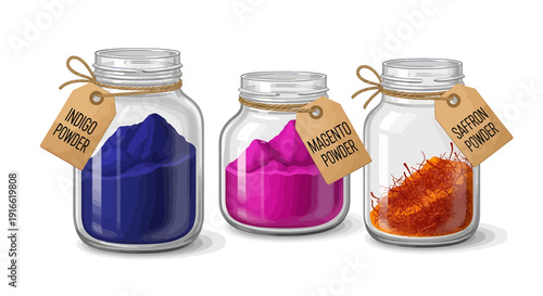 Three glass jars with colorful powder blue pink and orange tied with labels on a white background