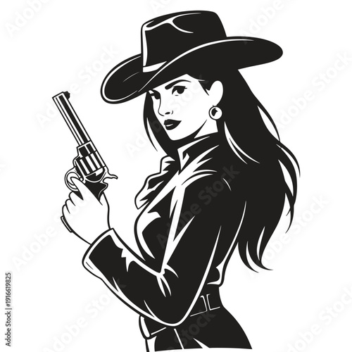 Vintage Style Illustration Woman Holding Revolver Gun With Cowboy Hat And Scarf