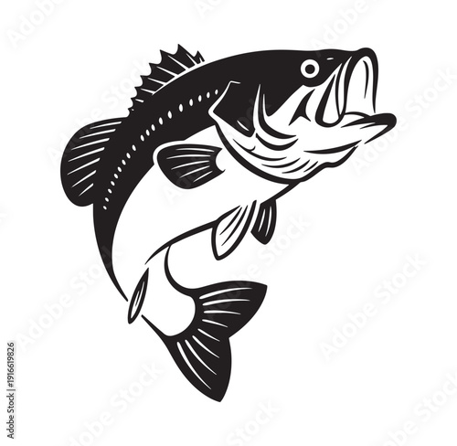 Large mouth bass fish jumping out of water in black and white illustration