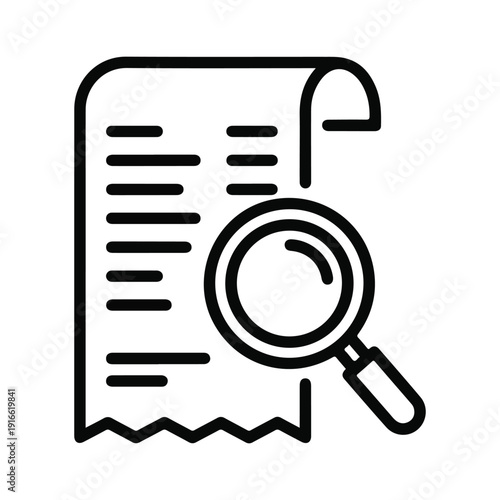 Detailed black and white line art icon of a paper receipt or bill with a magnifying glass inspection