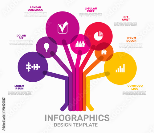 Tree-shaped infographic template with colorful branches and circular nodes containing icons. Vector illustration.
