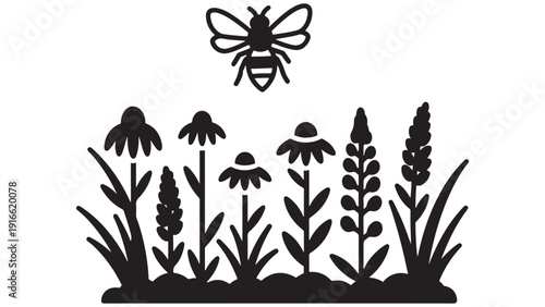 Pollinator Wildflower Meadow With Bee And Native Plants, Black Solid Vector Illustration For Biodiversity, Habitat Restoration And Sustainable Gardening