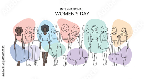 Illustration celebrating international women's day featuring a diverse group of elegant women standing together with pastel abstract background shapes.