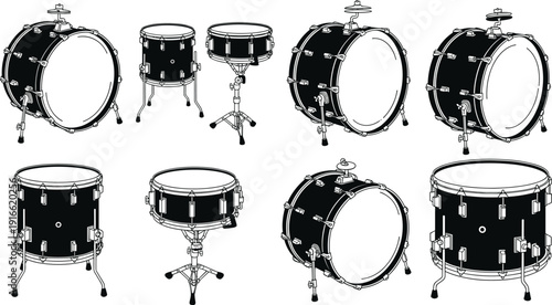 Black Drum Kit Silhouette Collection Featuring Bass Drums Snares and Toms for Musical Performance Rock Band Concert and Percussion Graphic Design Projects