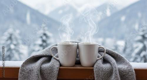 Wallpaper Mural Two steaming white coffee cups on a snowy window ledge with a gray blanket in winter Torontodigital.ca