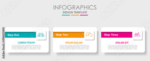 Infographic template with three colorful options, icons, and text boxes. Vector illustration.