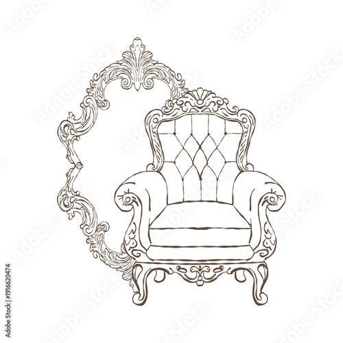 Victorian interior. Classic vintage armchair and antique mirror in the Baroque and Rococo styles. Classic upholstered furniture. Vector outline clipart. Retro hand-drawn illustration. Romantic
