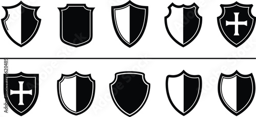 Black Shield Silhouette Collection Featuring Various Heraldic Shapes and Crusader Cross Designs for Security Protection Medieval History and Knight Graphic Projects