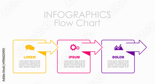 Colorful 3-step infographic with labels, icons, text for business processes, presentations, timelines. Vector illustration.