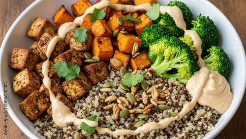 Vibrant Vegetarian Quinoa Bowl Featuring Roasted Sweet Potato, Broccoli, Tofu, and Seeds With a Creamy Sauce