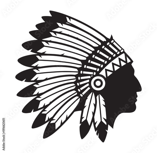 Native American Indian chief head silhouette with feathered headdress profile view