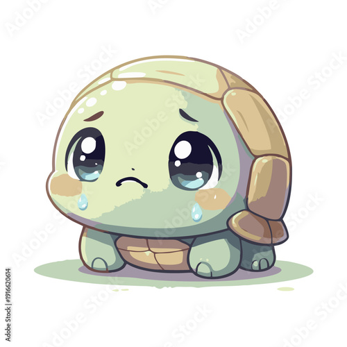 A sad cartoon turtle sitting alone on the ground with a sorrowful expression