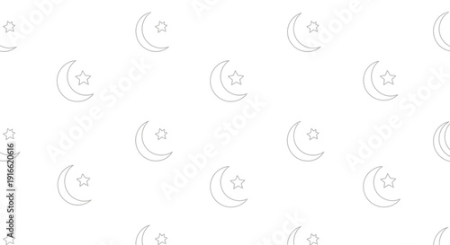 Seamless black line art pattern featuring crescent moon shapes symmetrically paired with small stars repeated across a clean white background design element