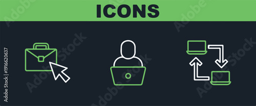 Set line Online working and Freelancer icon. Vector.