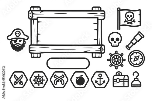 Pirate adventure game assets collection featuring map scroll frame and nautical icons