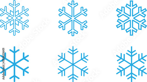 Set of minimalist snowflake icons featuring both outline and solid blue designs perfect for winter weather apps seasonal promotions and UI elements Vector Illustration